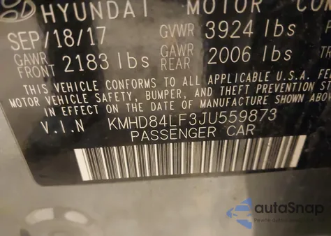 2018 Hyundai Elantra Sel z USA, uszkodzony, nr VIN KMHD84LF3JU559873